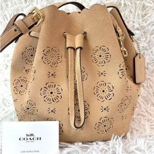 Coach Suede Bucket Bag 18 with Cut Out Tea Rose EUC
